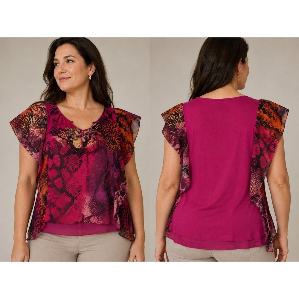 One World Live Let Live Womens Large Snake Print Flutter Sleeve Layered...